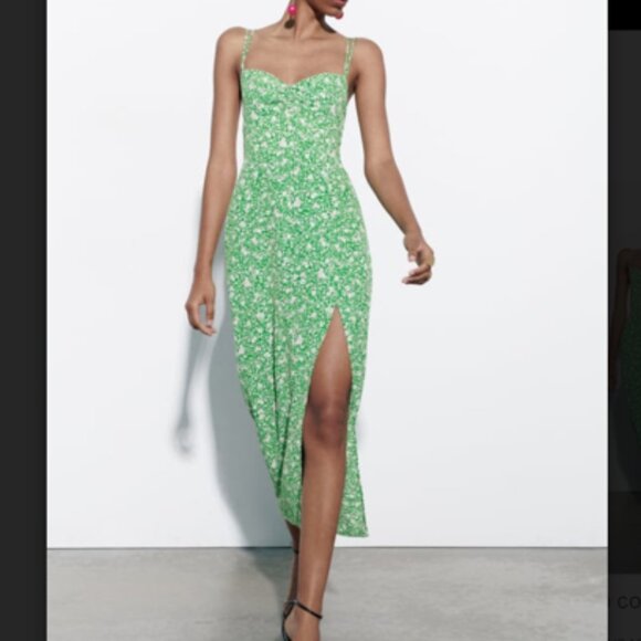 NWOT Zara Printed Corset-Style Dress, Green Size XS - Picture 1 of 5